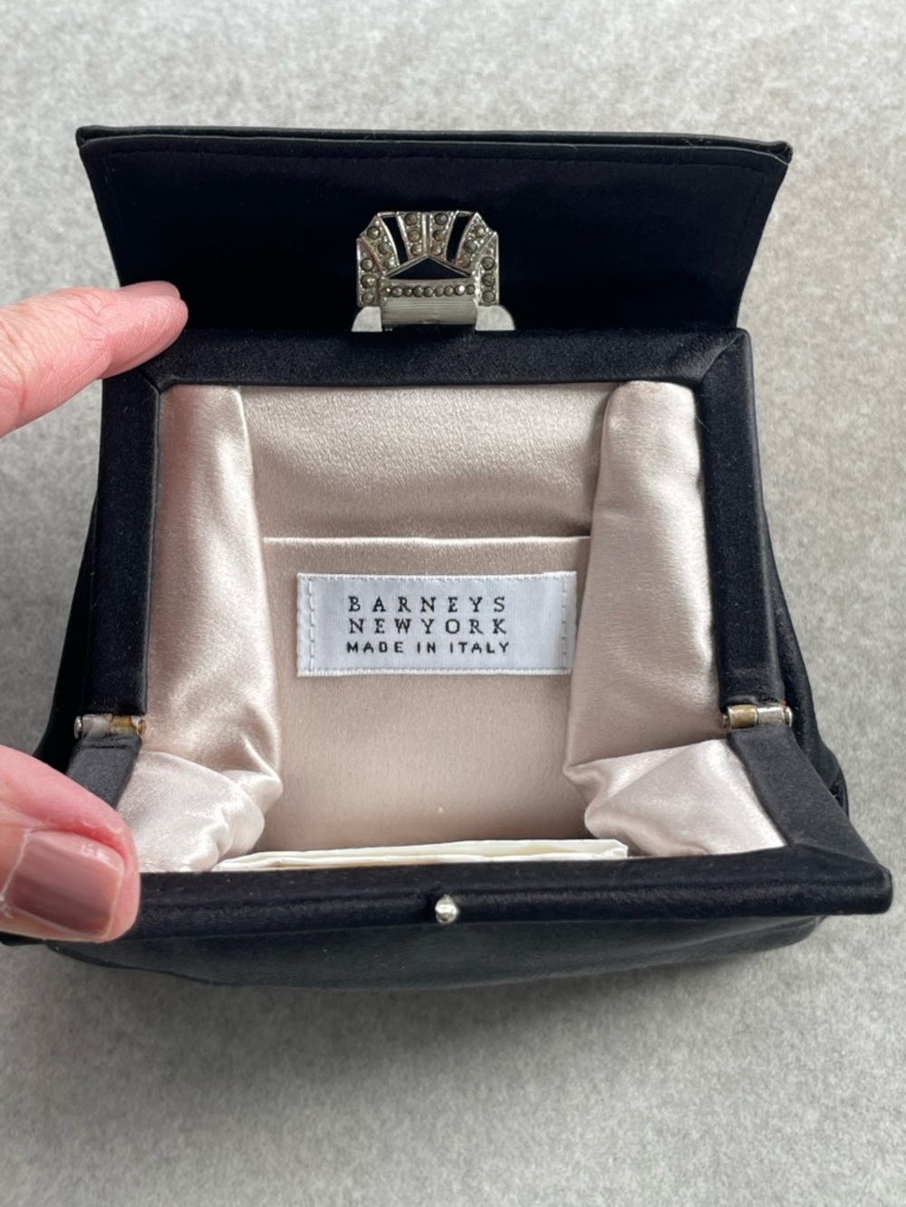 Barney’s New York Black Satin Fold Over Clutch With Marquisette Clasp NWOT - Picture 2 of 14